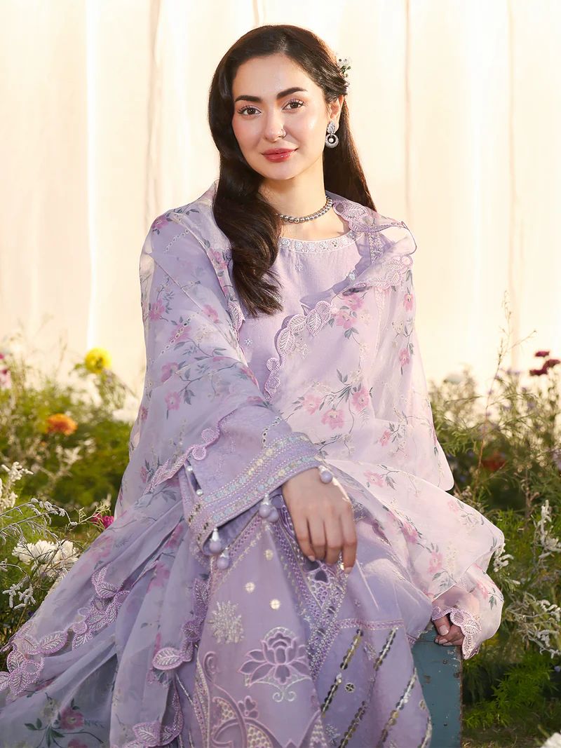 Hania’s Eid Twinning Charm by Mona – Lavender Chikankari Jacquard HEC10