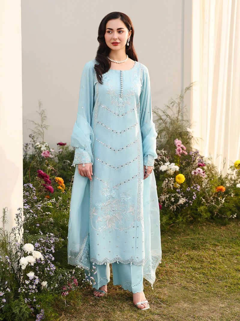 Hania’s Eid Twinning Charm by Mona – Ice Blue Chikankari Jacquard HEC11