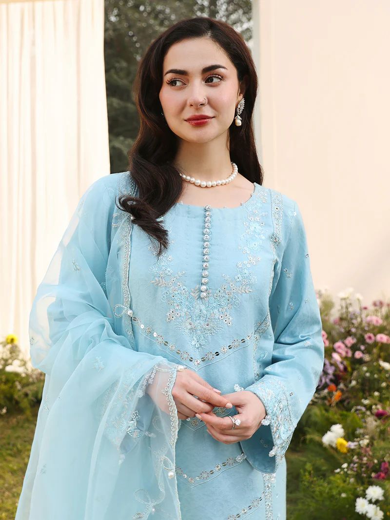 Hania’s Eid Twinning Charm by Mona – Ice Blue Chikankari Jacquard HEC11
