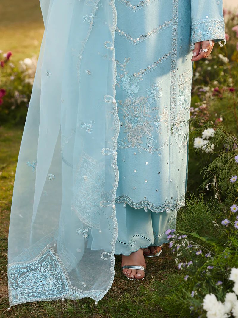 Hania’s Eid Twinning Charm by Mona – Ice Blue Chikankari Jacquard HEC11