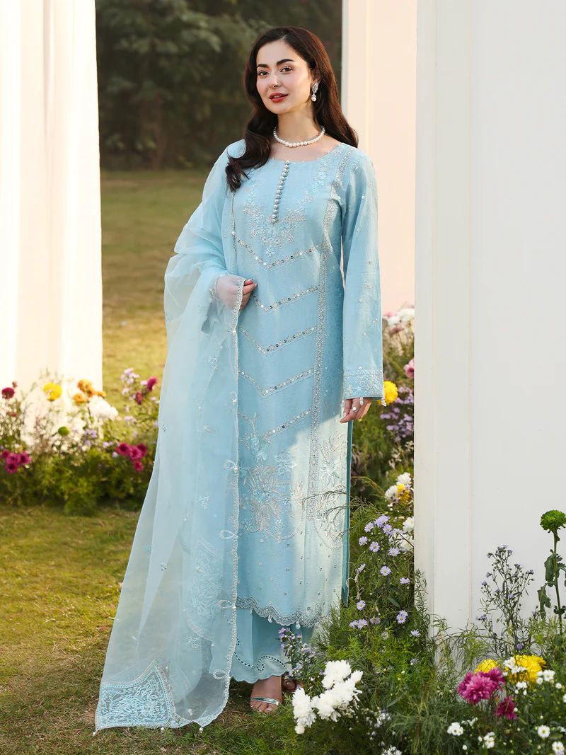 Hania’s Eid Twinning Charm by Mona – Ice Blue Chikankari Jacquard HEC11