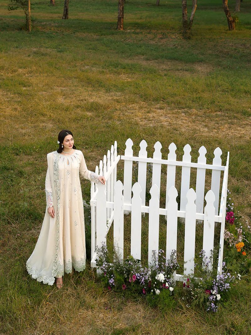 Hania’s Eid Twinning Charm by Mona – Ivory Chikankari Jacquard Maxi HEC12