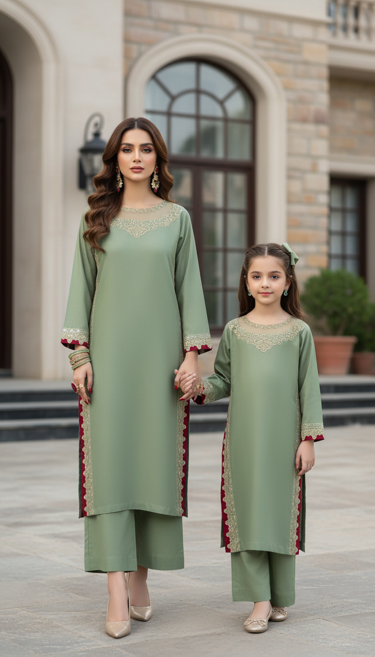 Mint Embroidered Cotton 2pc Women And Girls Suit Baarish by Miski BYM11