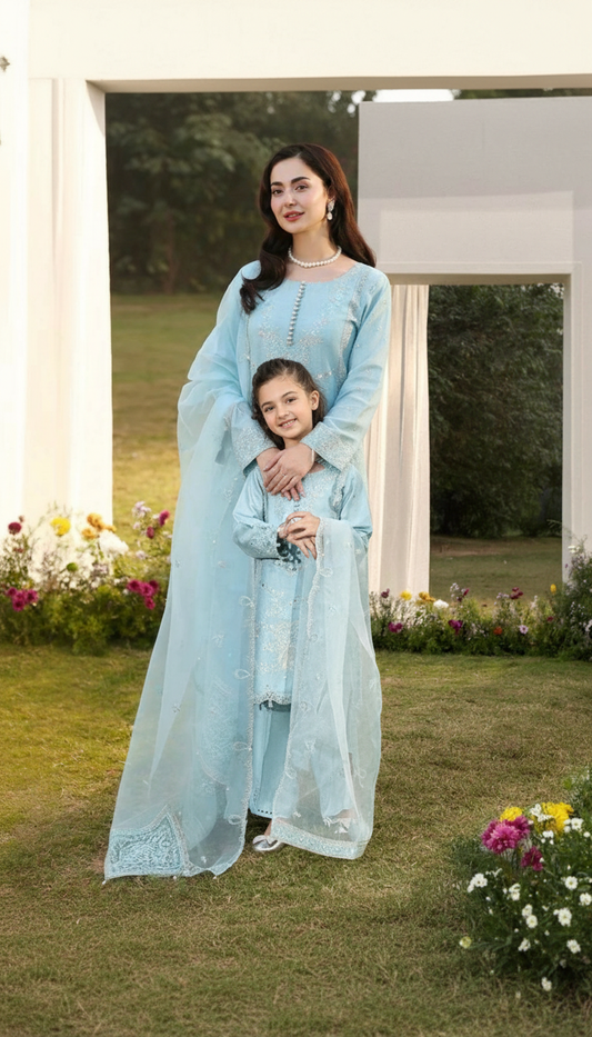Hania’s Eid Twinning Charm by Mona – Ice Blue Chikankari Jacquard HEC11