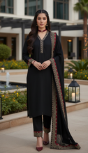 Zaiwa Sway7 3pc Black Embroidered Lawn Suit with Chiffon Dupatta