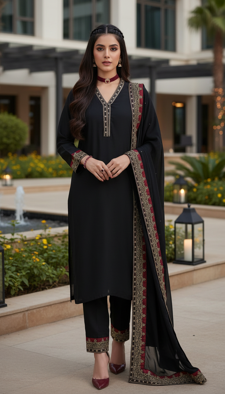 Zaiwa Sway7 3pc Black Embroidered Lawn Suit with Chiffon Dupatta