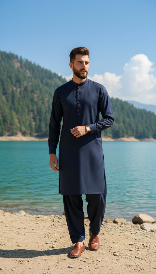 Ally's Midnight Blue Wash & Wear Kurta Shalwar – Ready to Wear | MBA5