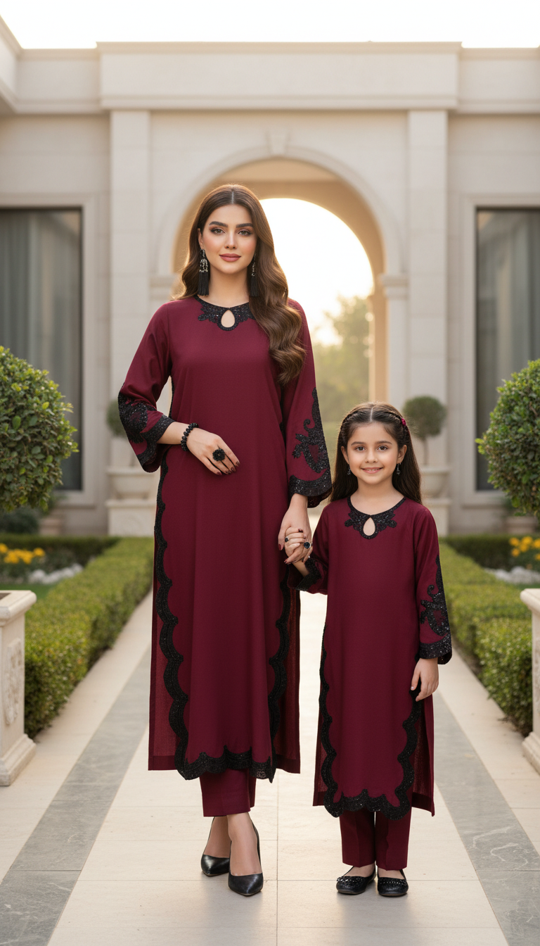 ZWL23 2pc Embroidered Linen Long Mother Daughter Matching Dress by Zaiwa