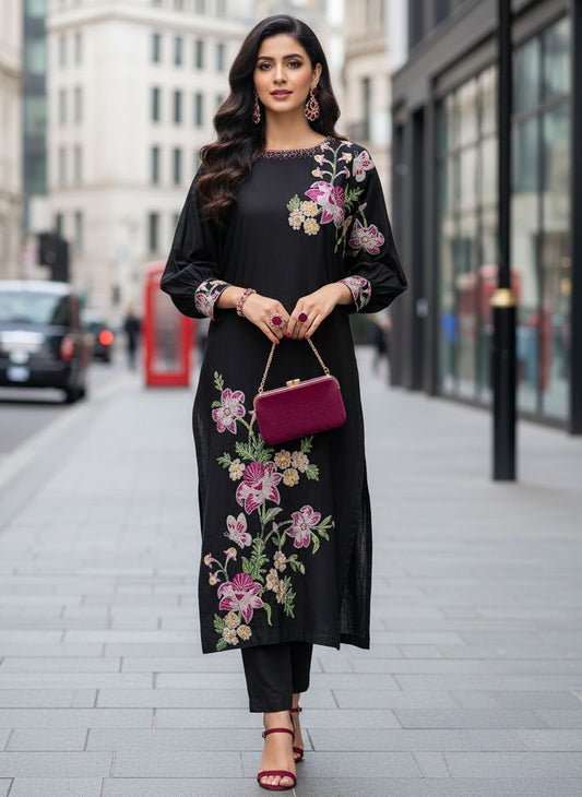 Zaiwa 2pc Black Embroidered Khaddar Long Dress ZWL20