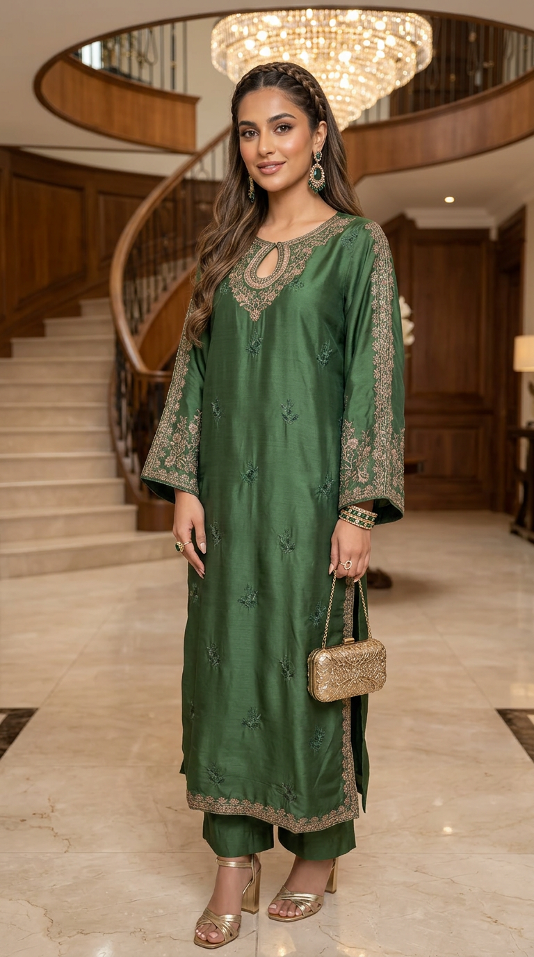 Glow by Hemline – Green Embroidered Viscose Ready to Wear 2PC Suit Glow13