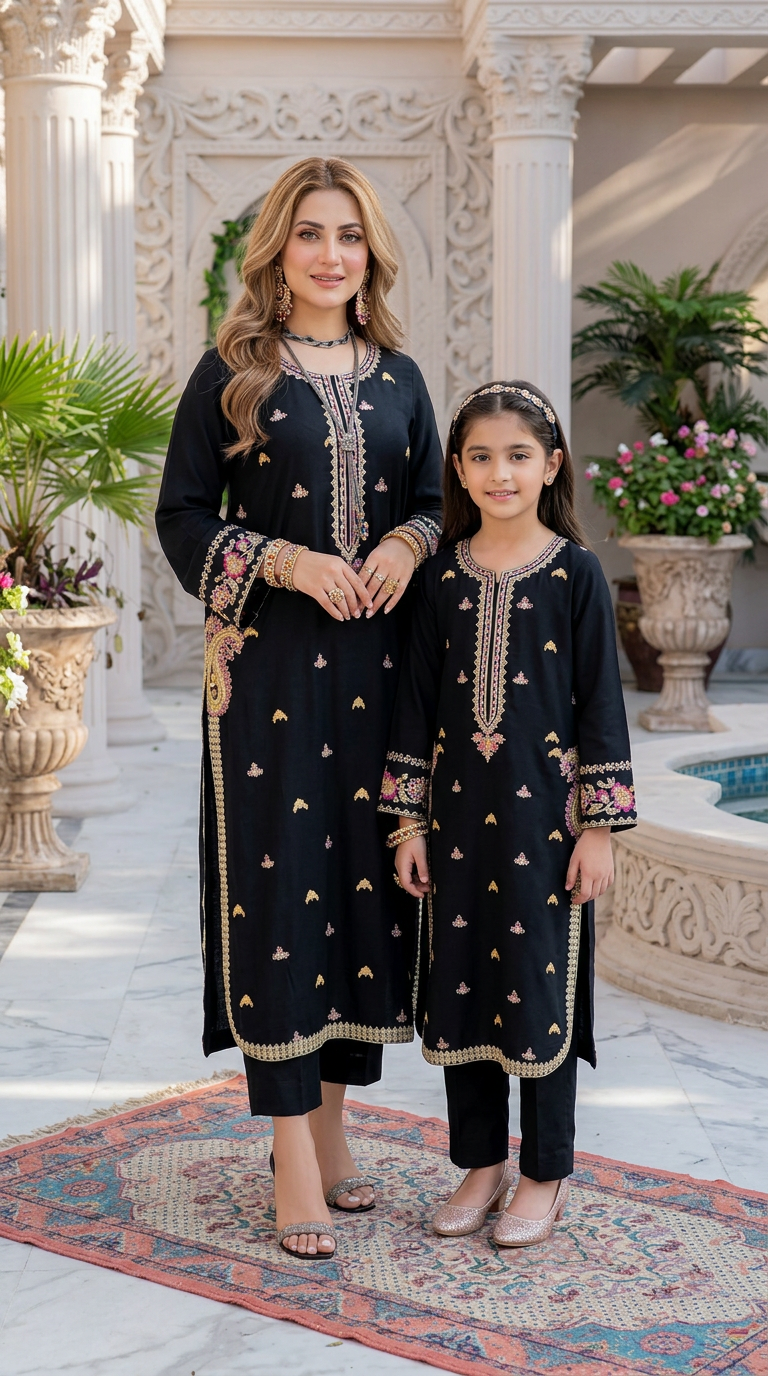 Noura by Hemline Black Long 2pc Viscose Ready to Wear Suit NH10