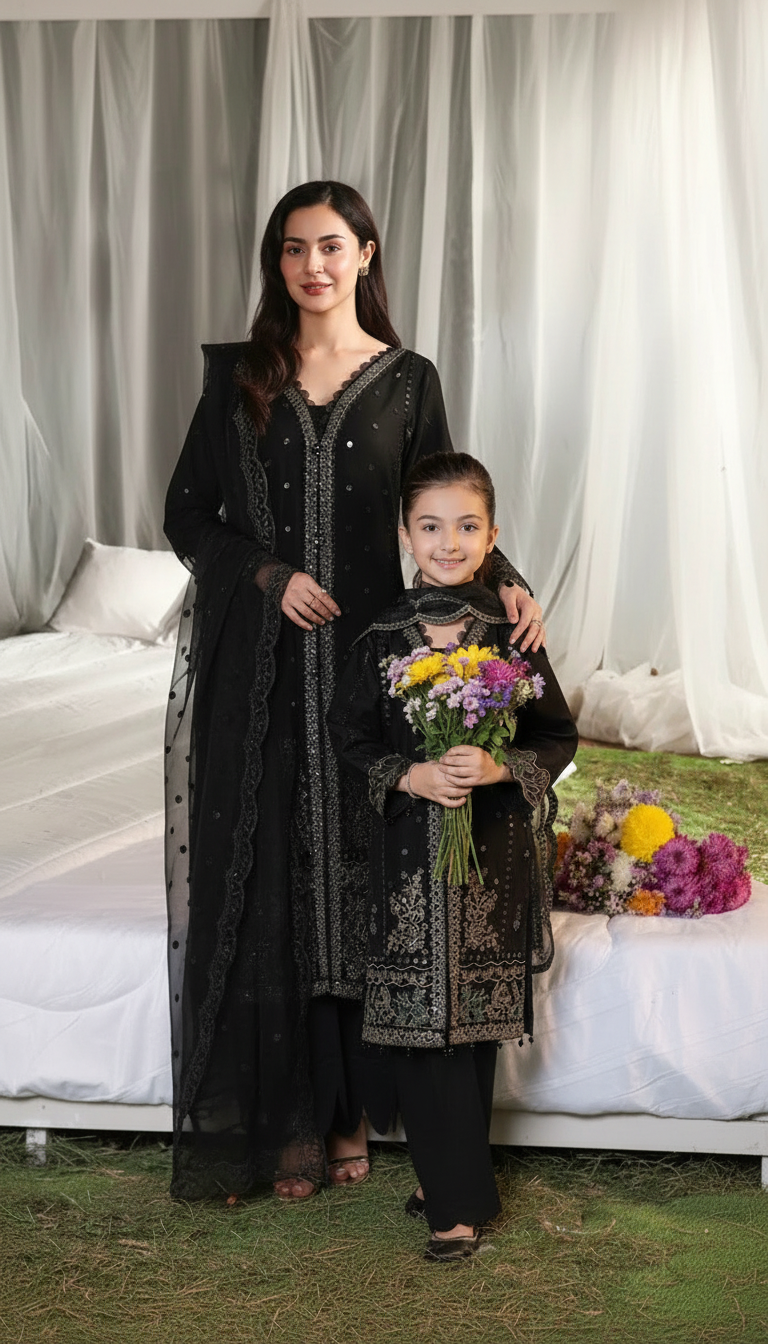 Hania’s Eid Twinning Charm by Mona – Black Chikankari Jacquard Sharara Suit HEC9
