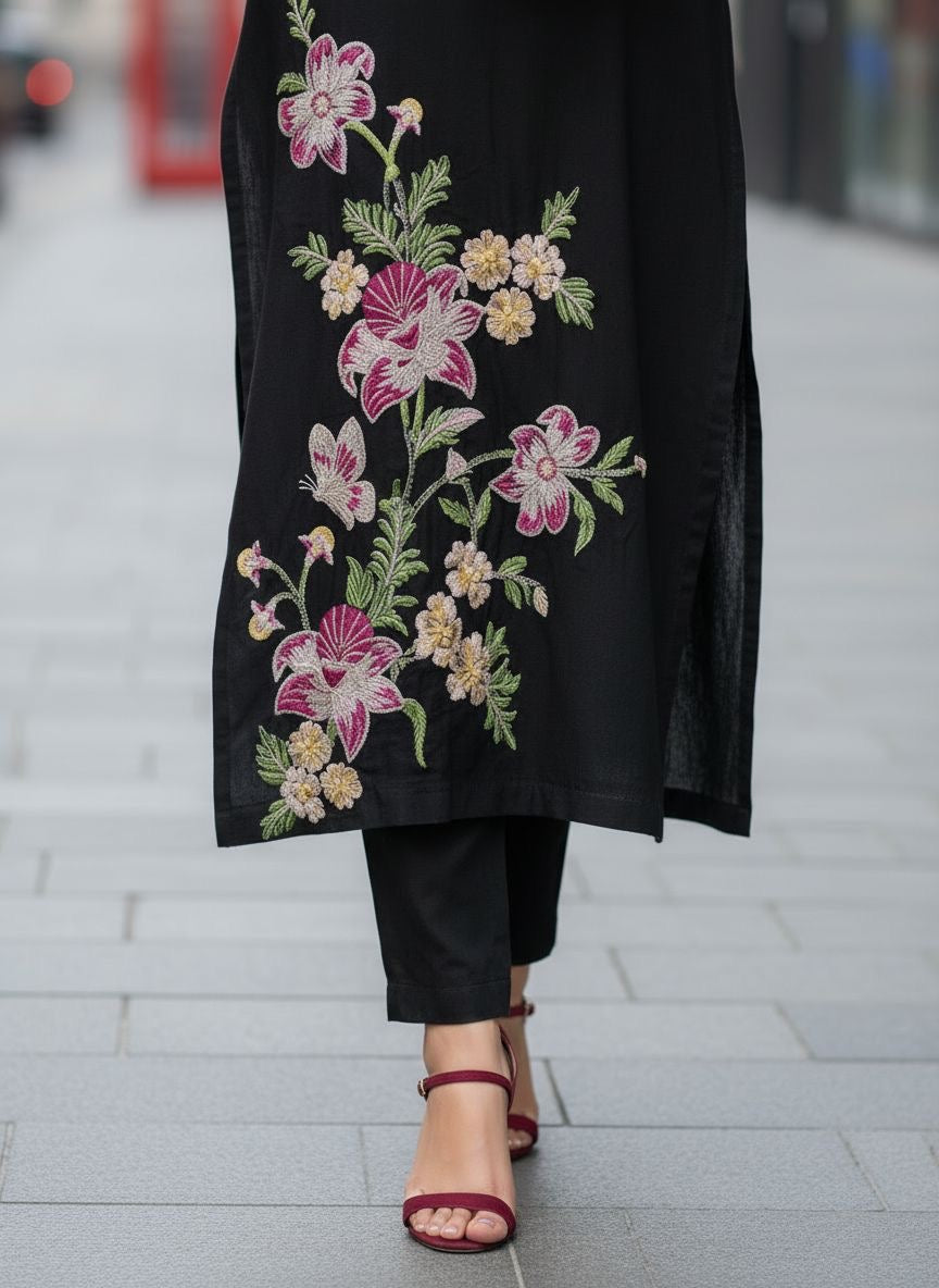 Zaiwa 2pc Black Embroidered Khaddar Long Dress ZWL20