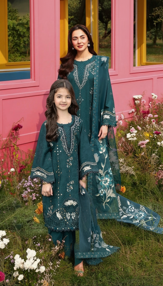 Hania’s Eid Twinning Charm by Mona – Emerald Chikankari Jacquard HEC13