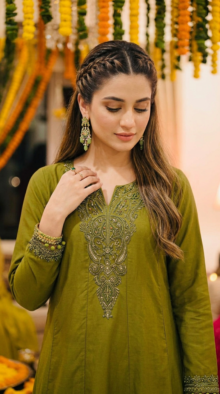 Miski Winter Essentials 2pc Olive Green Embroidered Linen Frock Suit – MWE7