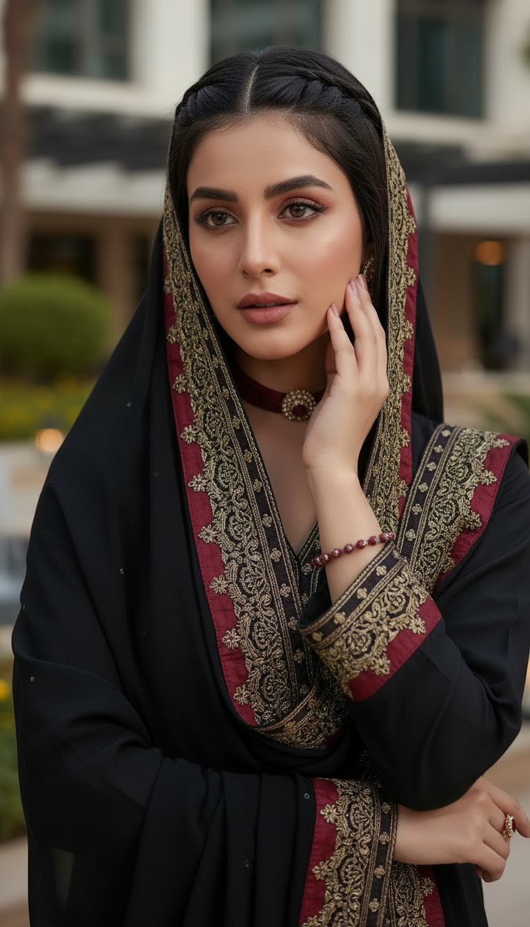 Zaiwa Sway7 3pc Black Embroidered Lawn Suit with Chiffon Dupatta