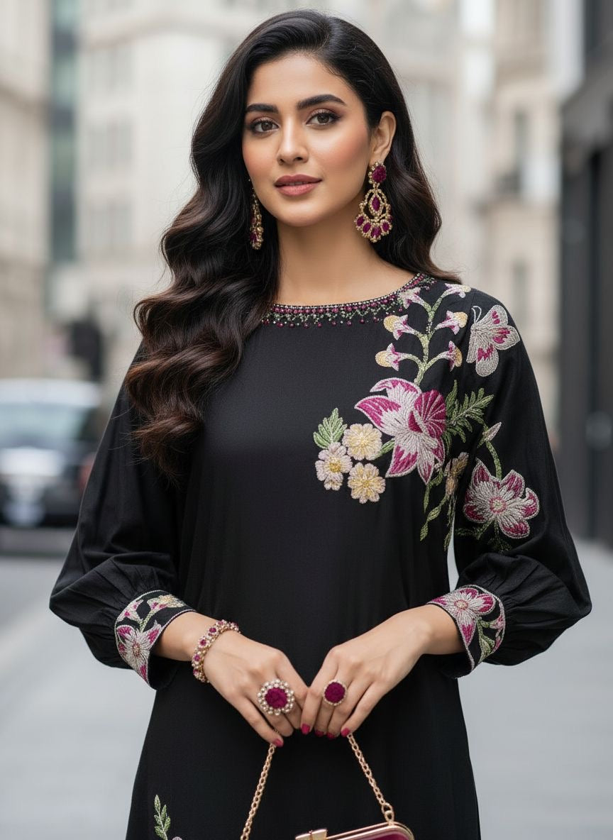 Zaiwa 2pc Black Embroidered Khaddar Long Dress ZWL20