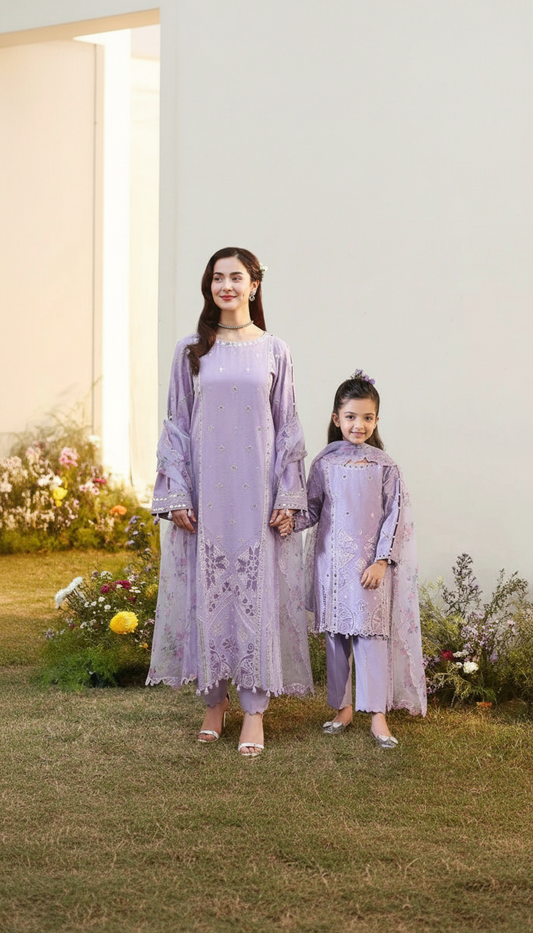 Hania’s Eid Twinning Charm by Mona – Lavender Chikankari Jacquard HEC10