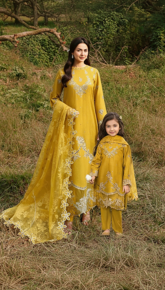 Hania’s Eid Twinning Charm by Mona – Mustard Chikankari Jacquard HEC8