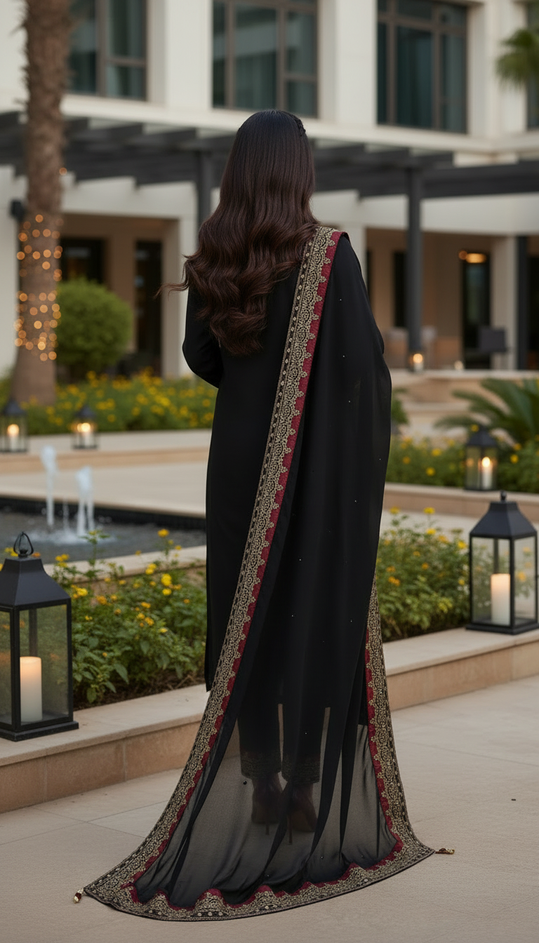 Zaiwa Sway7 3pc Black Embroidered Lawn Suit with Chiffon Dupatta