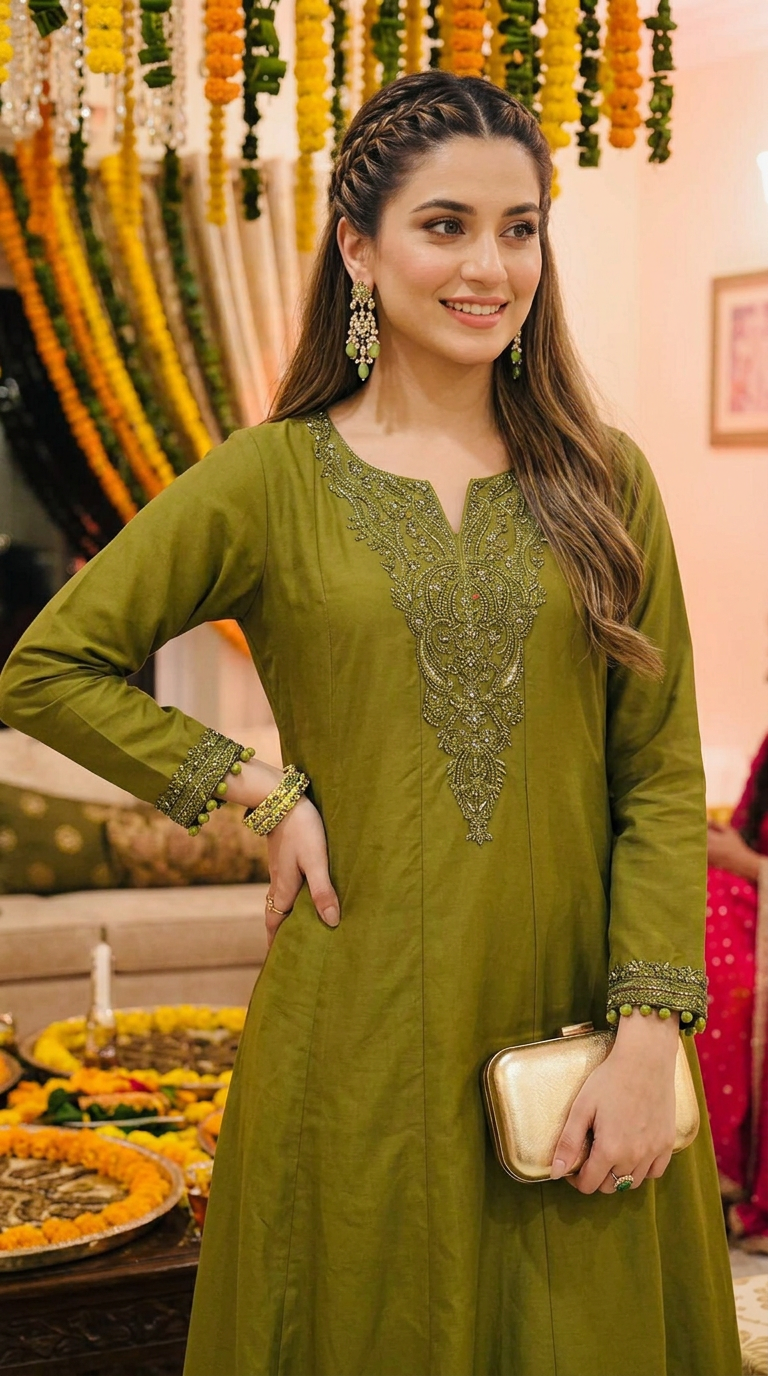 Miski Winter Essentials 2pc Olive Green Embroidered Linen Frock Suit – MWE7