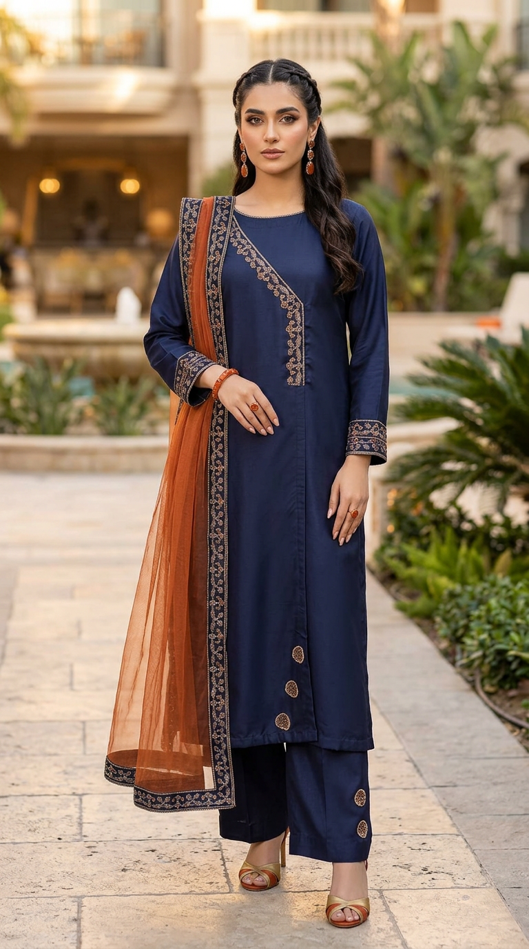 Miski Winter Essentials 3pc Navy Blue Embroidered Linen Suit with Rust Net Dupatta – MWE5