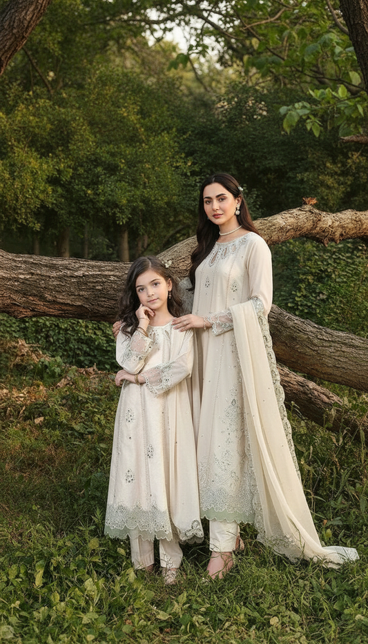 Hania’s Eid Twinning Charm by Mona – Ivory Chikankari Jacquard Maxi HEC12