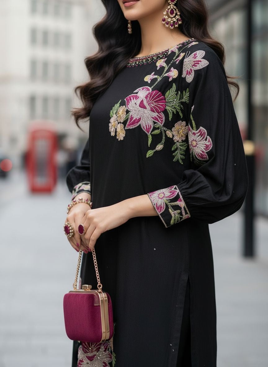 Zaiwa 2pc Black Embroidered Khaddar Long Dress ZWL20