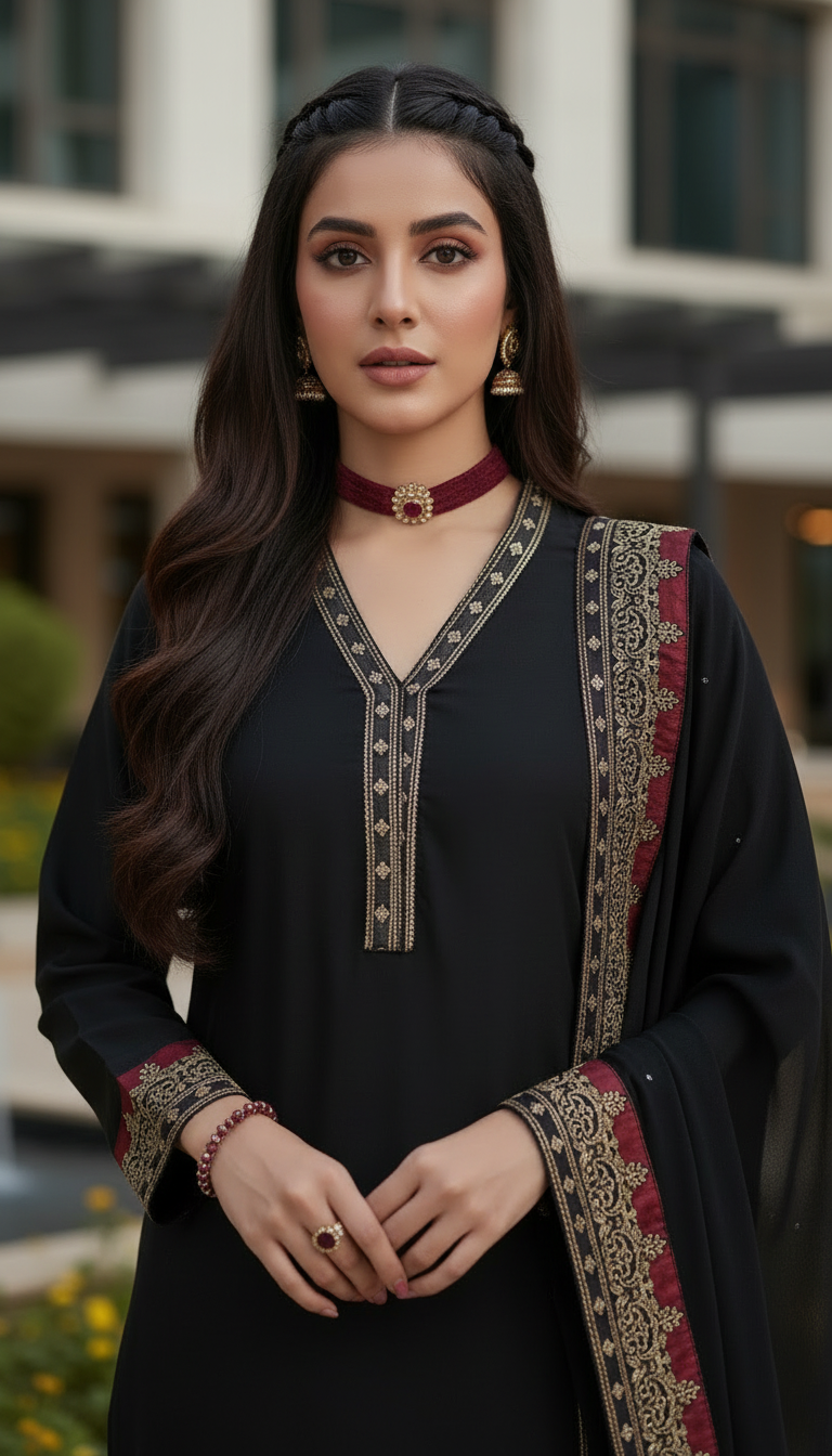 Zaiwa Sway7 3pc Black Embroidered Lawn Suit with Chiffon Dupatta