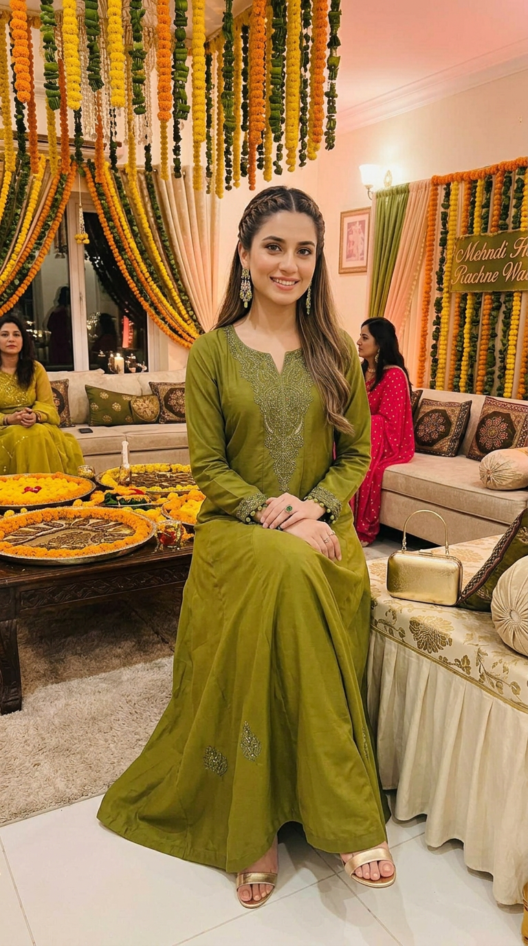 Miski Winter Essentials 2pc Olive Green Embroidered Linen Frock Suit – MWE7