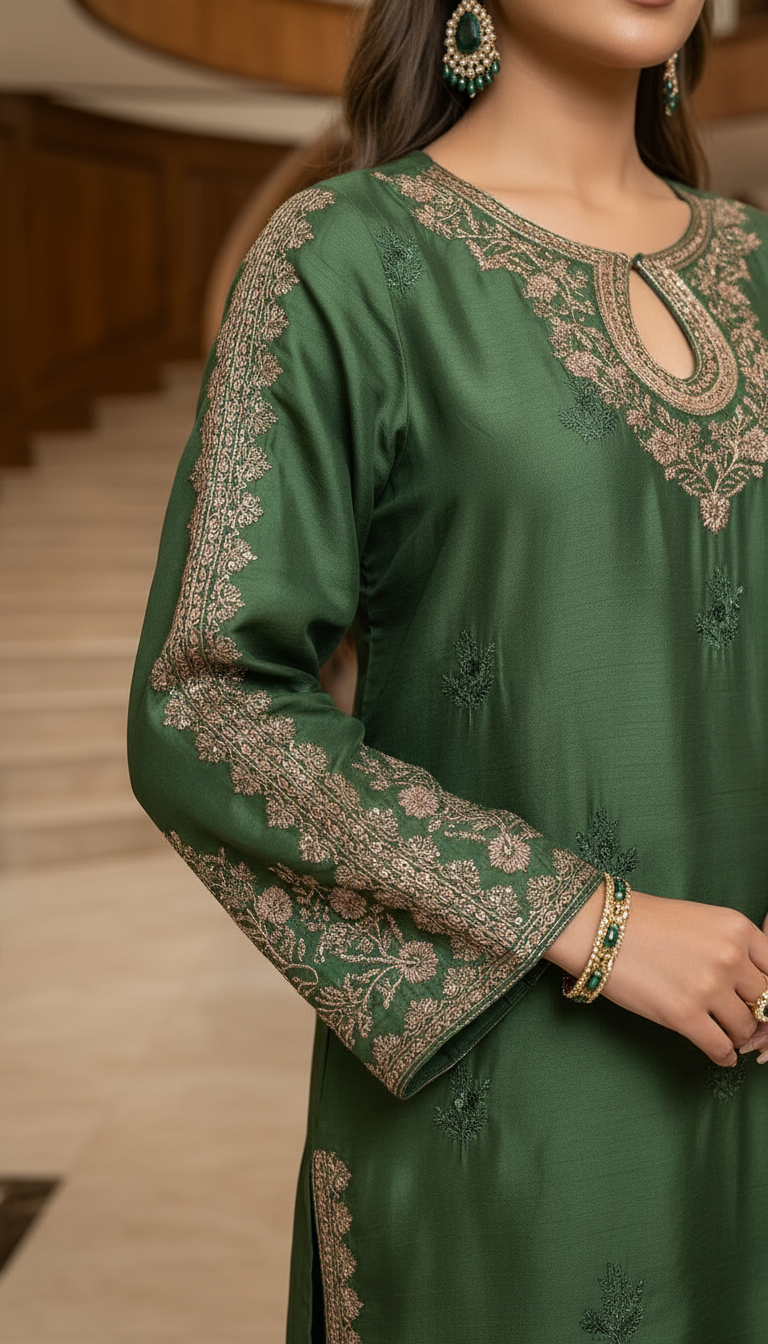 Glow by Hemline – Green Embroidered Viscose Ready to Wear 2PC Suit Glow13