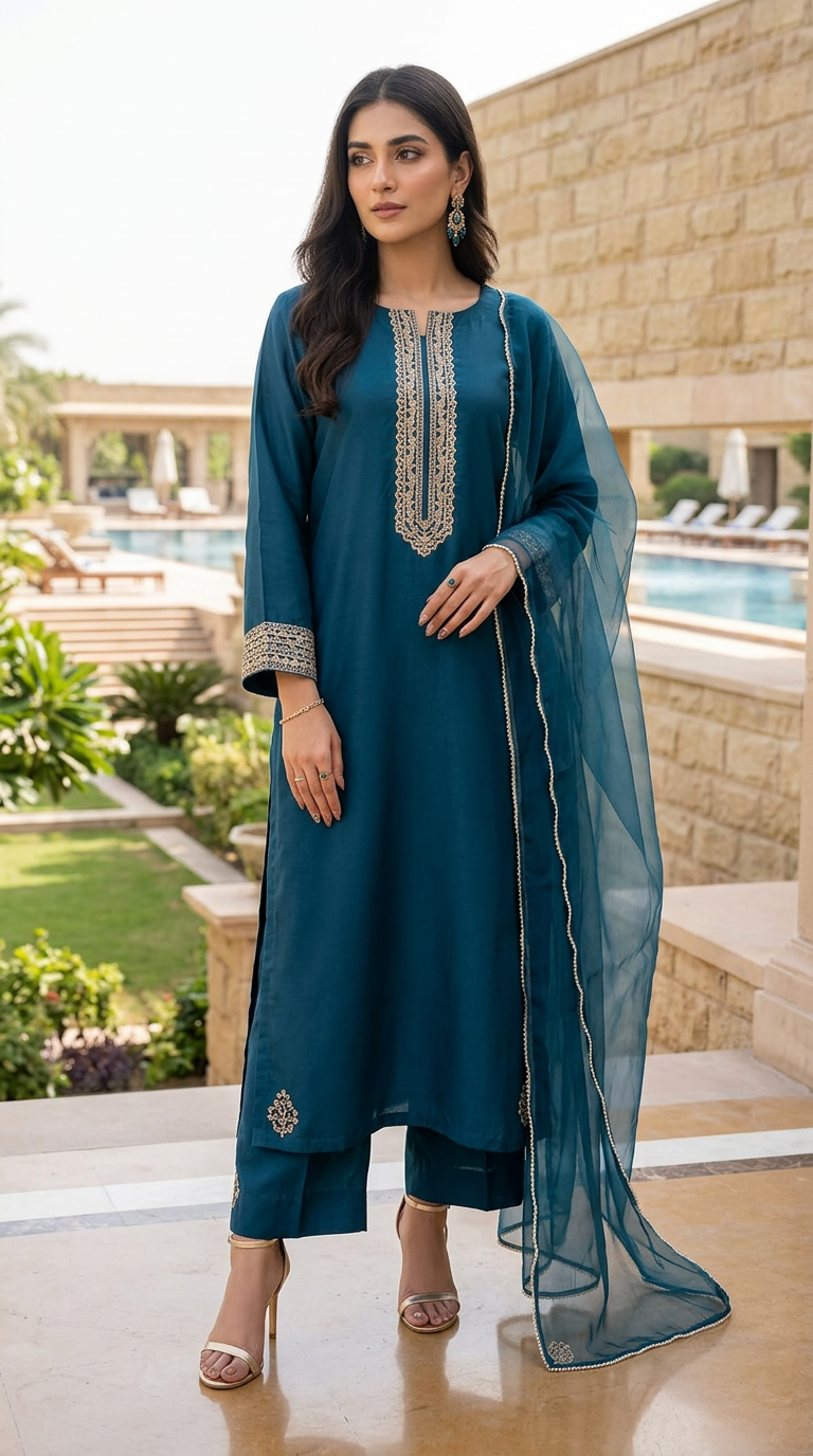 Miski Winter Essentials 3pc Teal Embroidered Linen Suit with Net Dupatta – MWE3