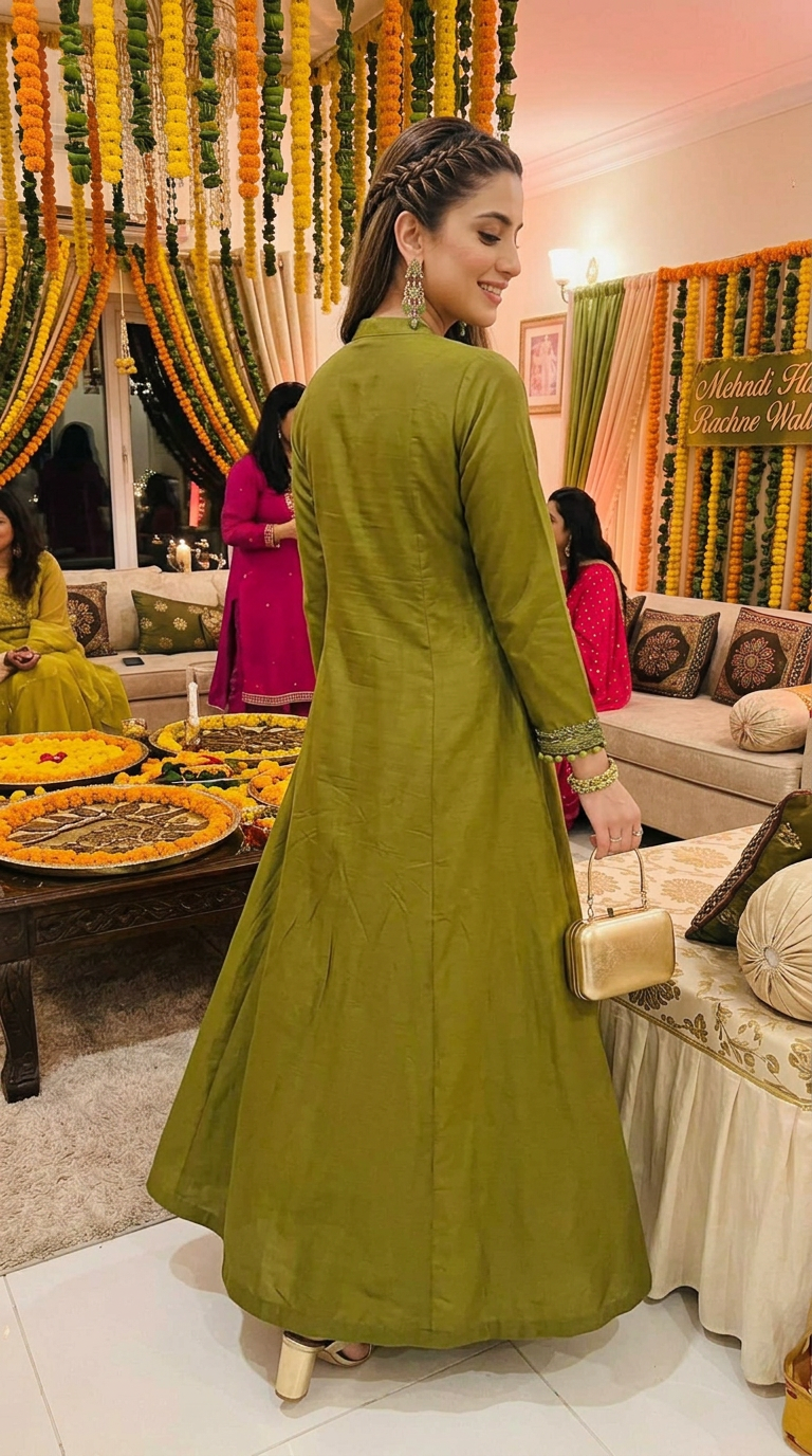 Miski Winter Essentials 2pc Olive Green Embroidered Linen Frock Suit – MWE7