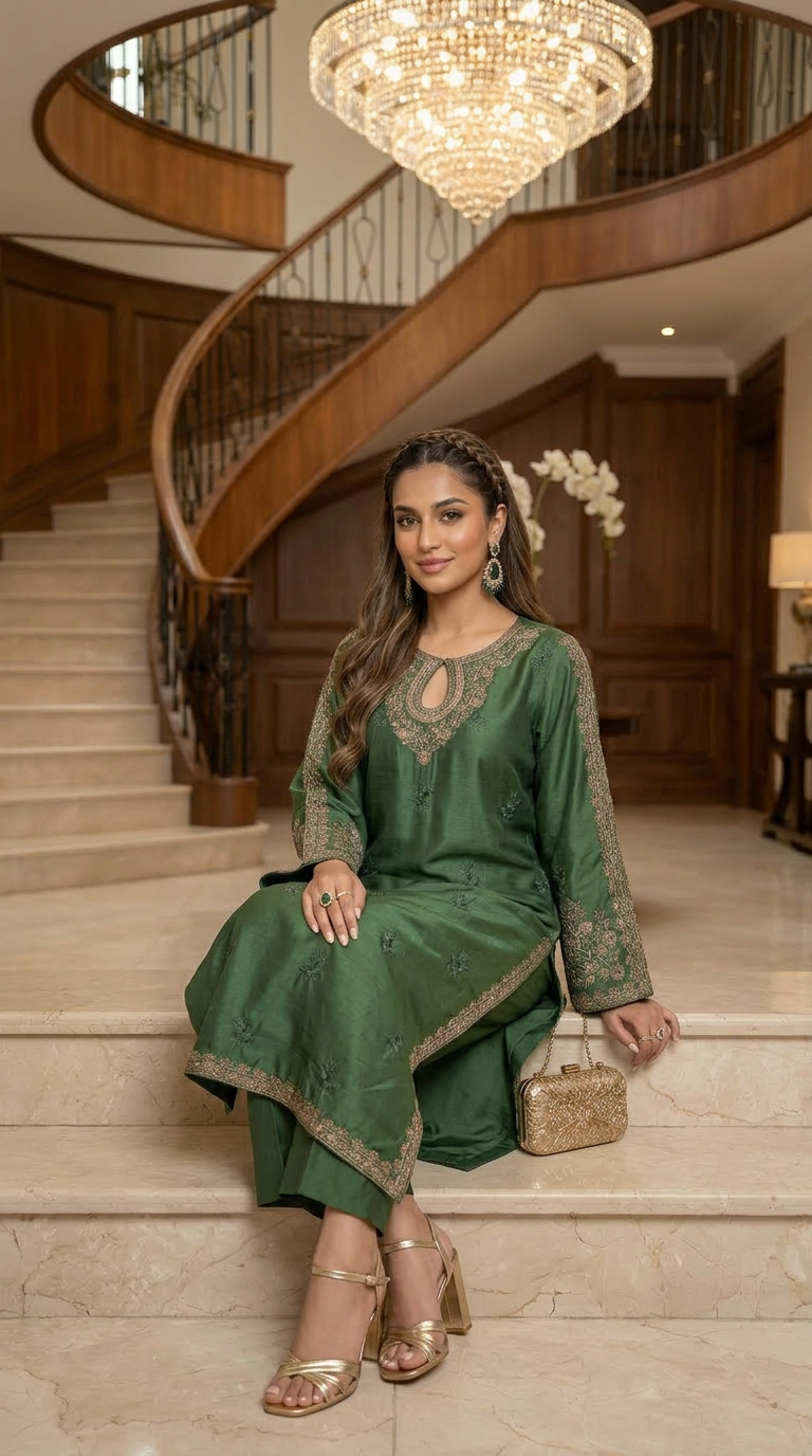 Glow by Hemline – Green Embroidered Viscose Ready to Wear 2PC Suit Glow13