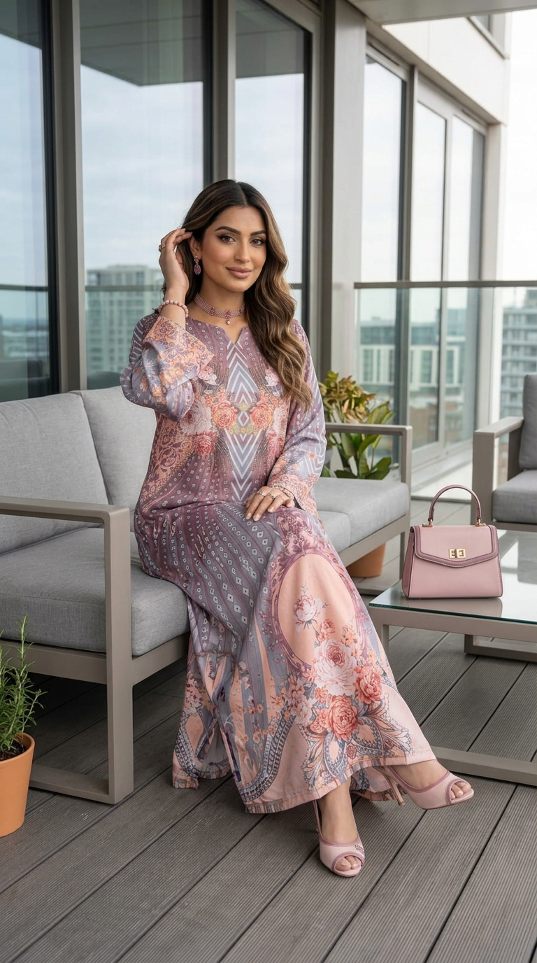 Sakeena Signature Kaftans – 2pc Printed Charmeuse Ready-to-Wear – Maheen CS8