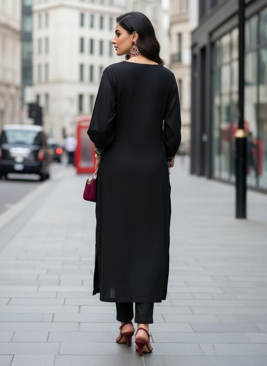 Zaiwa 2pc Black Embroidered Khaddar Long Dress ZWL20