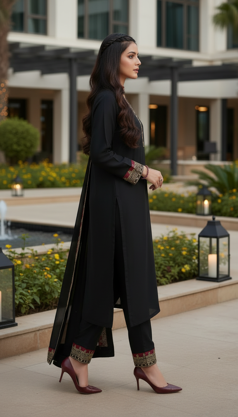 Zaiwa Sway7 3pc Black Embroidered Lawn Suit with Chiffon Dupatta