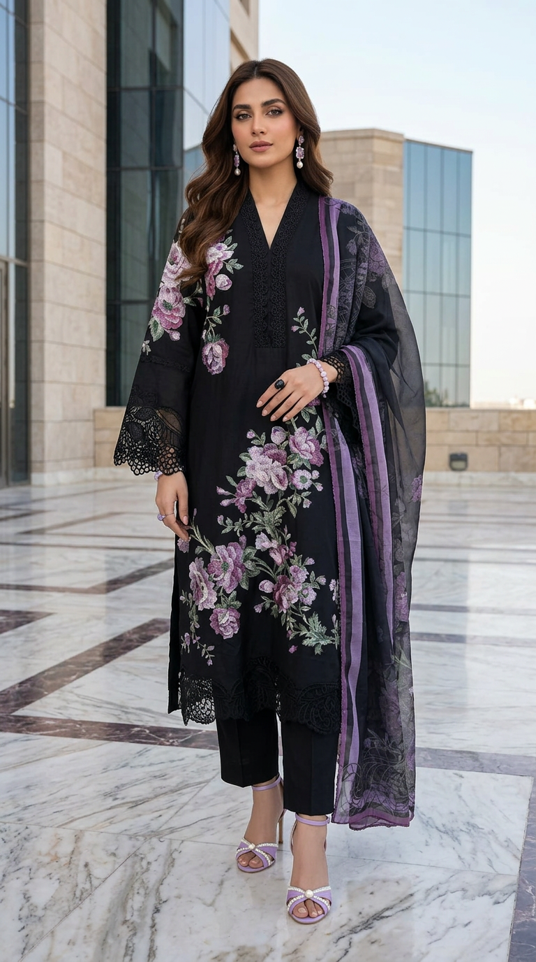 Zaiwa 3pc Embroidered Cotton Pakistani Suit with Monar Dupatta – DZ1