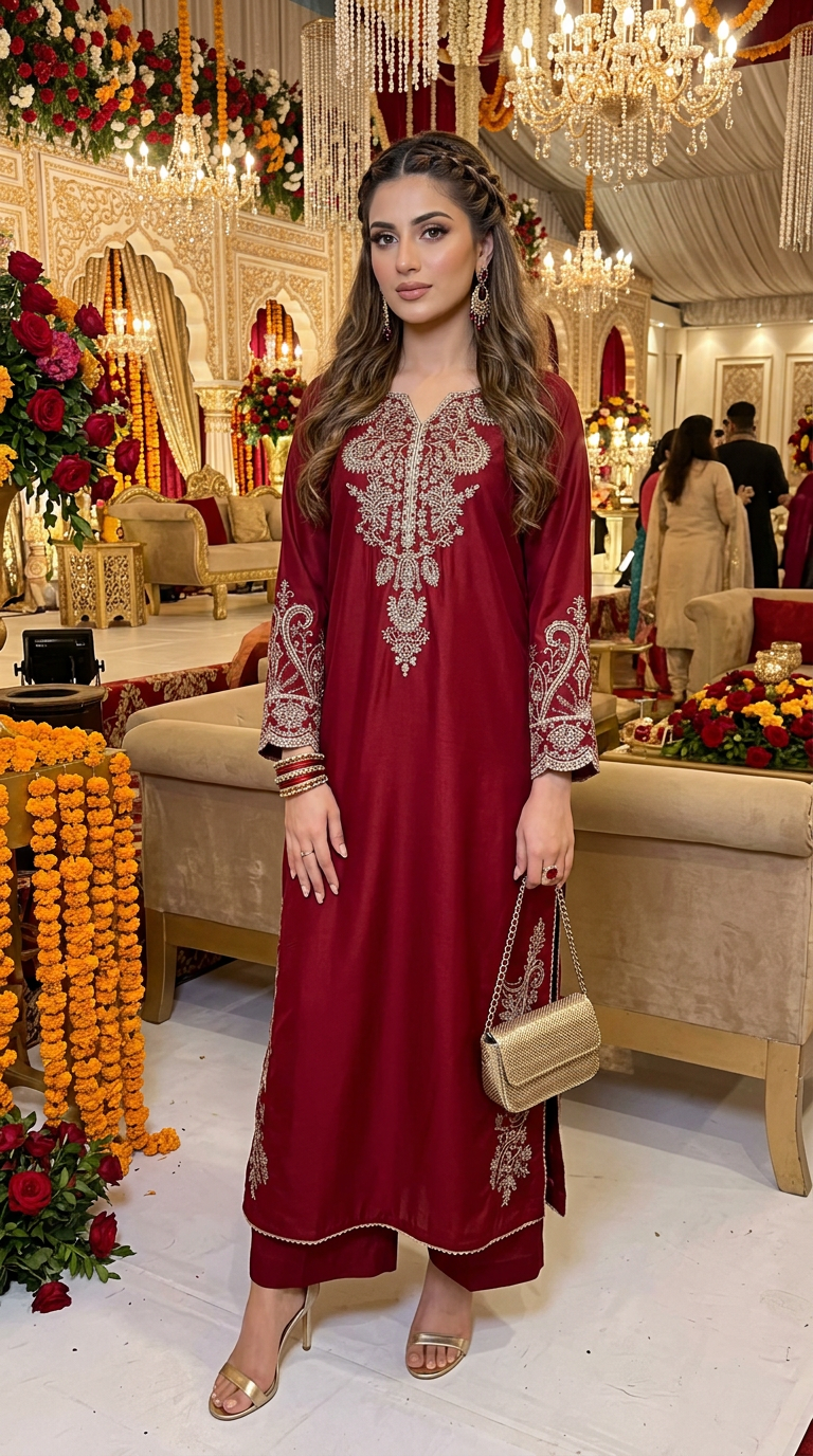 Miski Winter Essentials 2pc Maroon Embroidered Linen Suit – MWE9