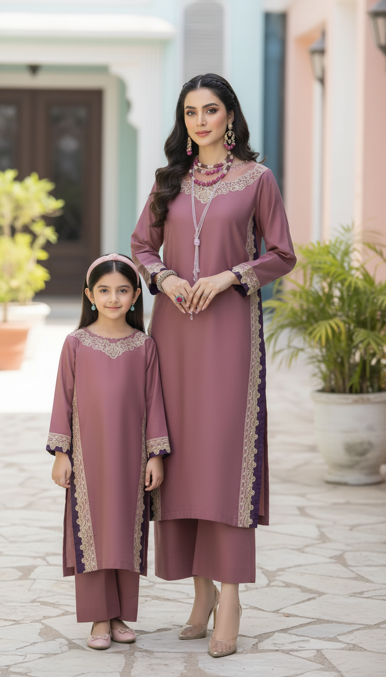 Pink Embroidered Cotton 2pc Women And Girls Suit Baarish by Miski BYM10
