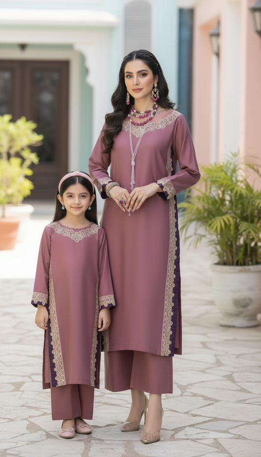 Pink Embroidered Cotton 2pc Women And Girls Suit Baarish by Miski BYM10