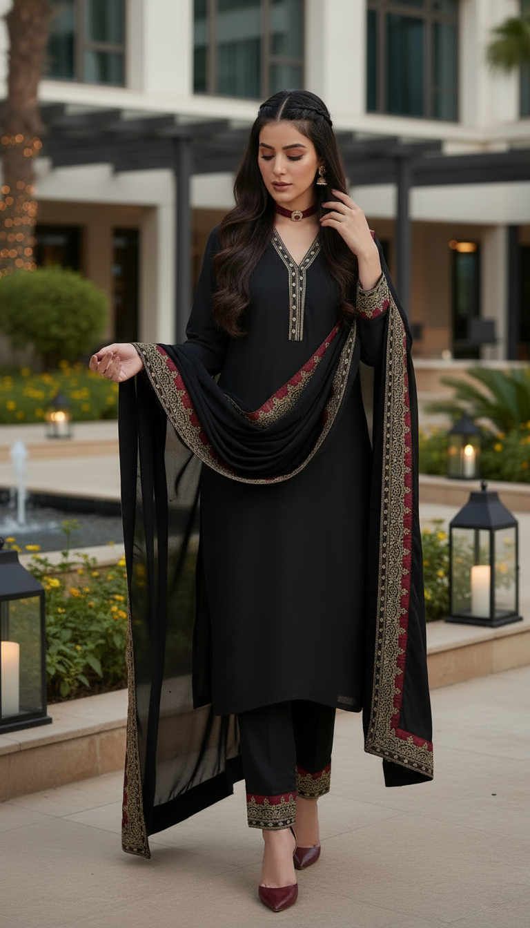 Zaiwa Sway7 3pc Black Embroidered Lawn Suit with Chiffon Dupatta