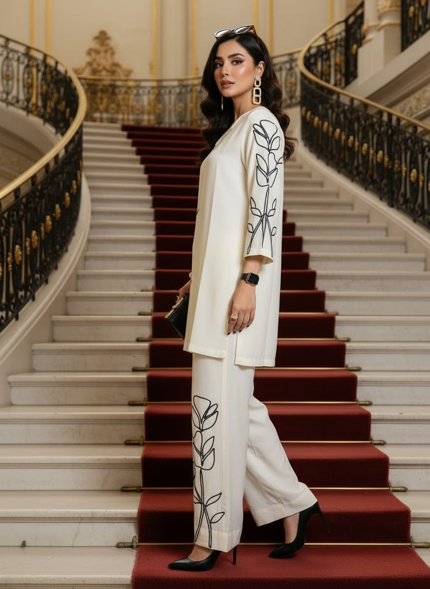 Zaiwa Linen Embroidered 2pc Winter Casual Co-Ord Set ZWL16