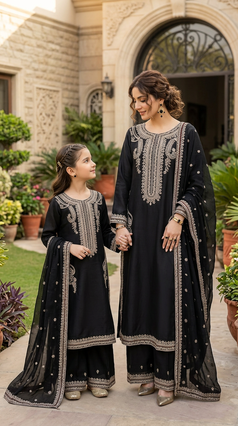 Reshmi RA9 Black Embroidered 3pc Raw Silk Suit with Chiffon Dupatta
