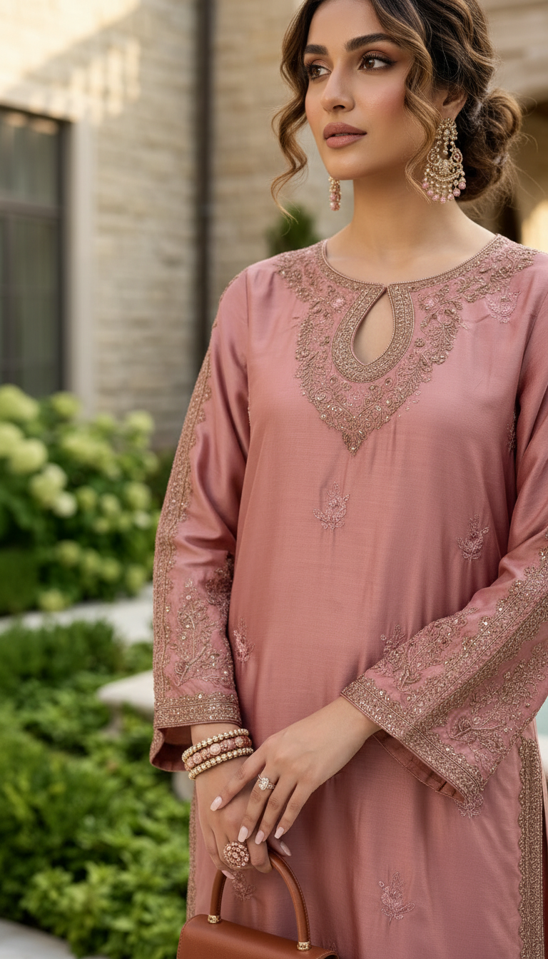 Glow by Hemline – Pink Embroidered Viscose Ready to Wear 2PC Suit Glow14