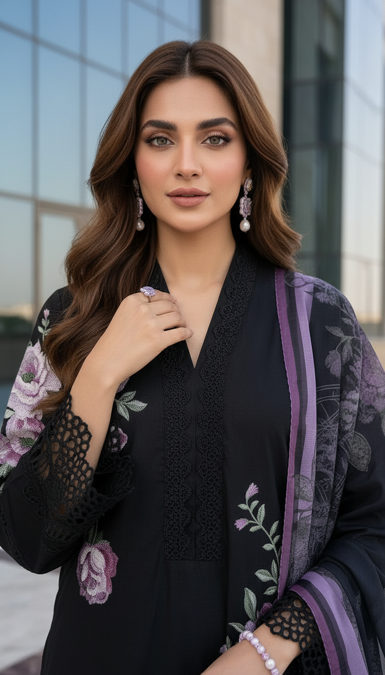 Zaiwa 3pc Embroidered Cotton Pakistani Suit with Monar Dupatta – DZ1