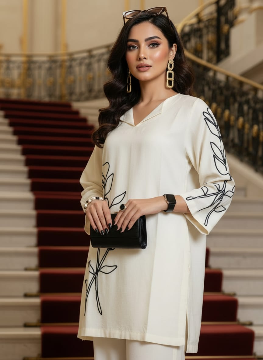 Zaiwa Linen Embroidered 2pc Winter Casual Co-Ord Set ZWL16