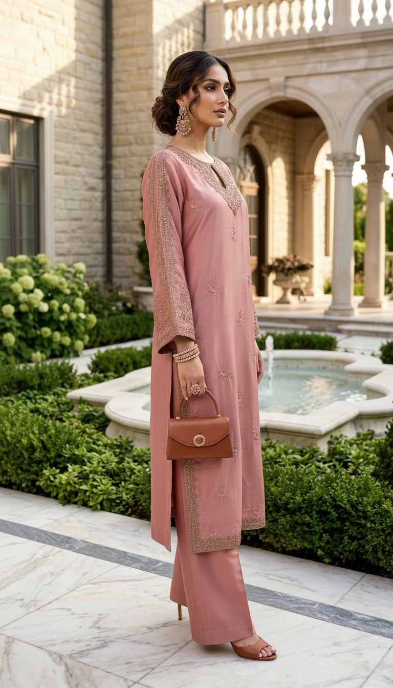 Glow by Hemline – Pink Embroidered Viscose Ready to Wear 2PC Suit Glow14