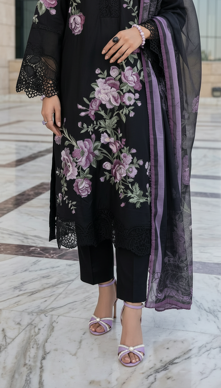 Zaiwa 3pc Embroidered Cotton Pakistani Suit with Monar Dupatta – DZ1