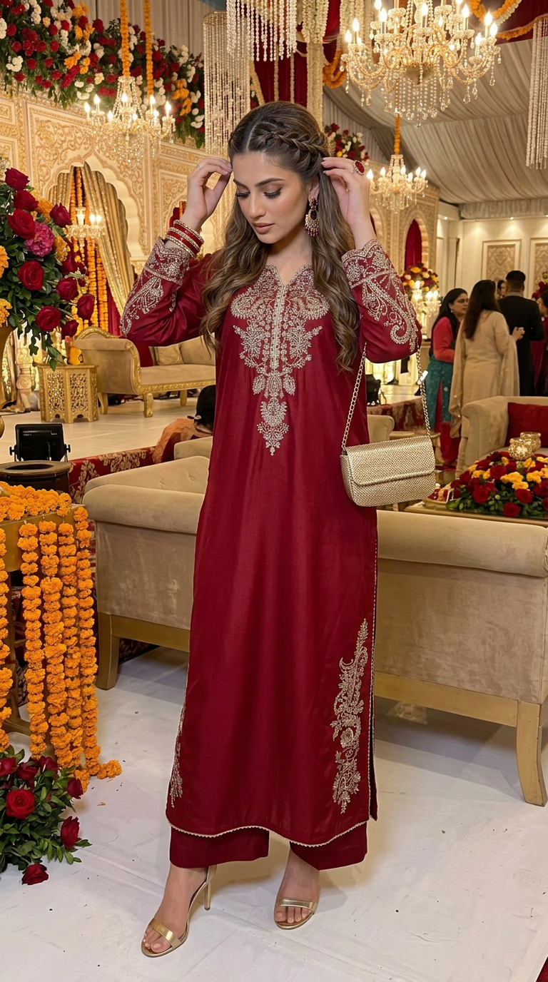Miski Winter Essentials 2pc Maroon Embroidered Linen Suit – MWE9